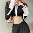 Long-sleeve Collared Two-tone Cropped Blouse