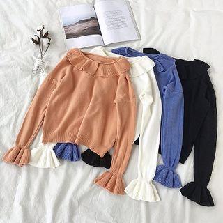 Plain Ruffled-trim Flare-sleeve Sweater