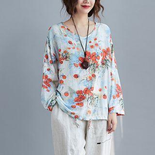 Long-sleeve Floral Print Top V Neck - Persimmon - One Size