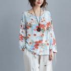 Long-sleeve Floral Print Top V Neck - Persimmon - One Size