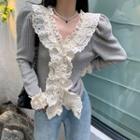 Long-sleeve Eyelet Lace Trim Knit Top