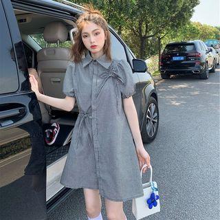 Puff-sleeve Gingham Drawstring Shirtdress