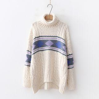 Turtleneck Diamond Patterned Cable-knit Sweater