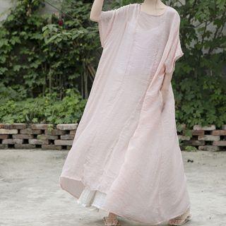 Elbow-sleeve Maxi Shift Dress Light Pink - One Size