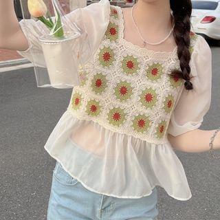 Short-sleeve Square Neck Knit Panel Blouse