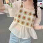 Short-sleeve Square Neck Knit Panel Blouse