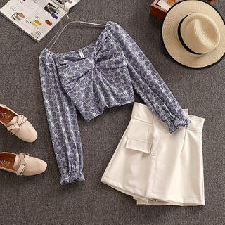 Set: Twisted Blouse + Faux Leather A-line Skirt
