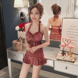 Set: Halter-neck Flared Tankini Top + Swim Skirt