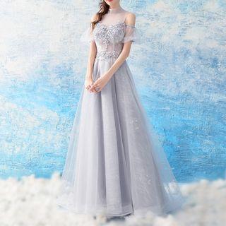 Mesh Panel Cut Out Shoulder Evening Gown
