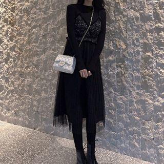 Long-sleeve Top / Mesh Panel Midi A-line Pinafore Dress