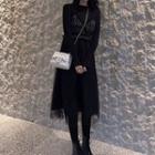 Long-sleeve Top / Mesh Panel Midi A-line Pinafore Dress