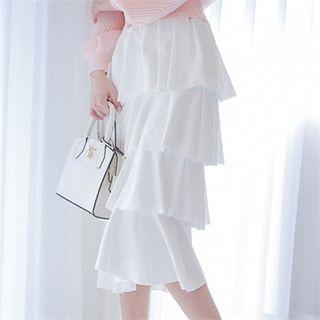 Band-waist Ruffle-tiered Midi Skirt