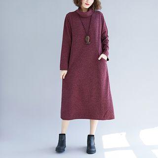 Long-sleeve Mock-neck Midi A-line Dress