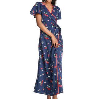 Cherry Print Short-sleeve Maxi A-line Wrap Dress