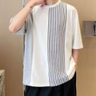 Elbow-sleeve Color Block Striped Panel T-shirt