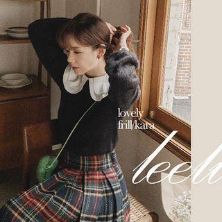 Layered-collar Keyhole-back Knit Top Black - One Size