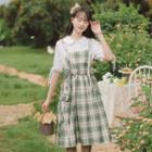 Short-sleeve Plain Blouse / Plaid Midi Overall Dress / Set