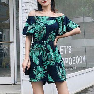 Frilled Short-sleeve Off-shoulder Leaf Print Playsuit