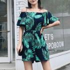 Frilled Short-sleeve Off-shoulder Leaf Print Playsuit