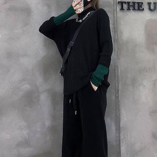High Neck Color Block Knit Top Black - One Size