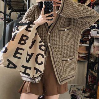 V-neck Contrast-trim Oversized Cardigan As Shown In Figure - One Size
