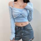 Set: Crop Camisole Top + Long-sleeve Knotted Crop T-shirt