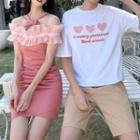 Couple Matching Off-shoulder Mini Sheath Dress / Short-sleeve T-shirt / Shorts / Set