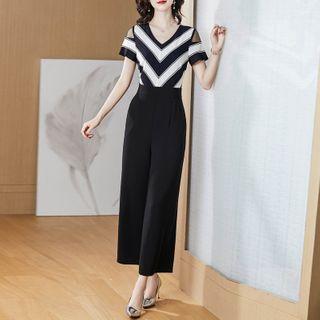Short-sleeve Cold Shoulder Patterned Jumpsuit