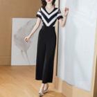 Short-sleeve Cold Shoulder Patterned Jumpsuit