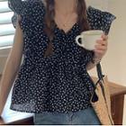 Cap-sleeve Floral Print Top Black - One Size