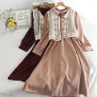 Set: Pattern Embroidery Cardigan / Plain Long-sleeve Dress