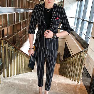 Set: Striped 3/4 Sleeve Blazer + Cropped Slim Fit Pants