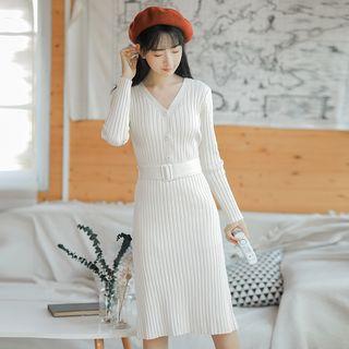 Long-sleeve V-neck Belt-tie Knit Dress White - One Size