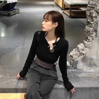 Long-sleeve Safety Pin Crop Top / Tank Top