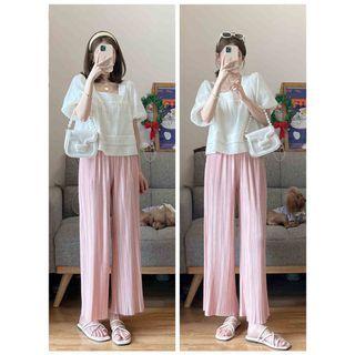 Puff-sleeve Square-neck Top / High Waist Wide Leg Pants