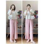 Puff-sleeve Square-neck Top / High Waist Wide Leg Pants