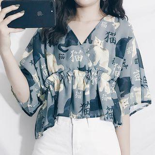 Elbow-sleeve Cat Print Top As Shown In Figure - One Size