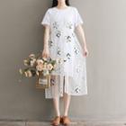 Set: Plain Short Sleeve T-shirt Dress + Flower Embroidered Spaghetti Strap Dress