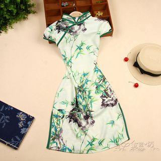 Bamboo Print Cap Sleeve Qipao