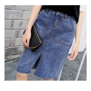 Slit-front Pencil Denim Skirt