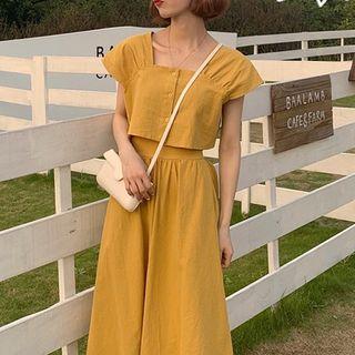 Set: Cropped Short-sleeve Top + High Waist Midi A-line Skirt