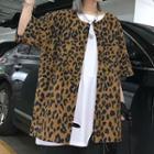 Elbow-sleeve Leopard Print Buttoned Jacket Leopard - One Size