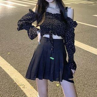 Long-sleeve Shirred Floral Chiffon Top As Shown In Figure - One Size