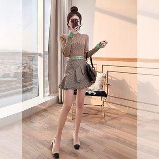 Set: Contrast Trim Long-sleeve Knit Top + Ruffle A-line Skirt