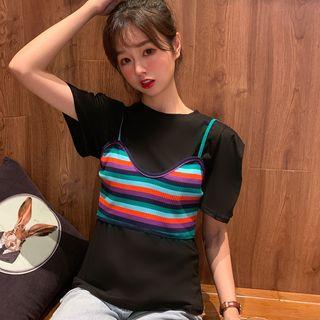 Set: Short-sleeve T-shirt + Striped Camisole Top