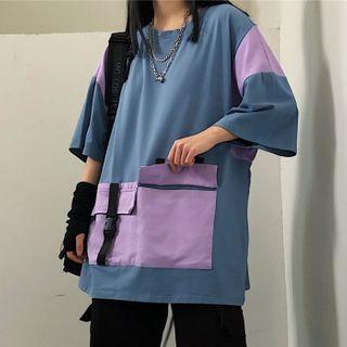 Color Block Elbow-sleeve T-shirt Blue - One Size