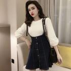 Plain 3/4-sleeve T-shirt / Denim Suspender Skirt / Set