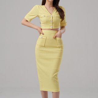 Set: Short-sleeve Crop Top + Midi Pencil Skirt