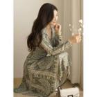 Open-placket Paisley Midi Wrap Dress