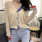 Long-sleeve V-neck Contrast Trim Loose Fit Cardigan